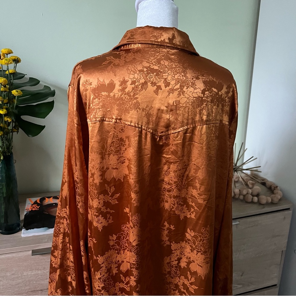 Metallic Copper Orange Floral Modest Long-Sleeve Button Down Shirt Flowy Dress - Picture 8 of 16